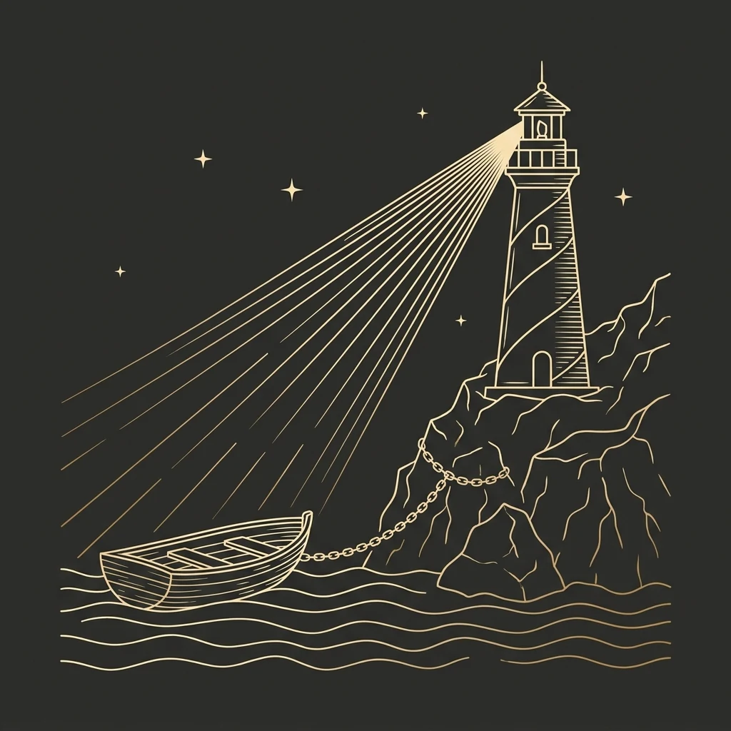 Ilustração de um farol projetando luz sobre um caminho